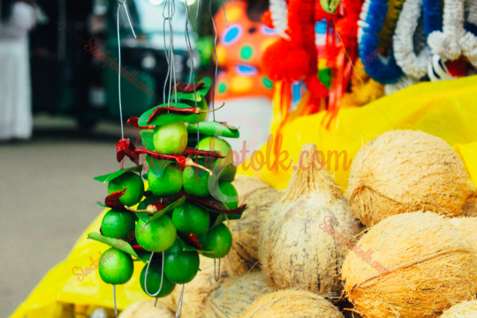 Shop with Lime Oblations, Coconuts, and Satin Ribbon Artificial Floral Hindu Deity Garland for God, Kataragama, Sri Lanka