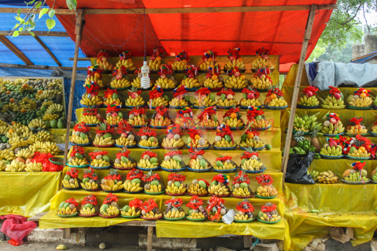 Shop with Oblations and Satin Ribbon Artificial Floral Hindu Deity Garland for God, Kataragama, Sri Lanka